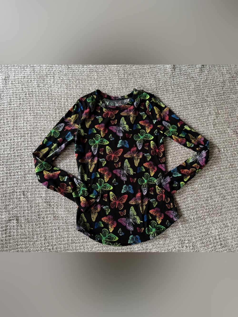 No Boundaries Black Long Sleeve Top with Neon Rainbow Butterfly Print